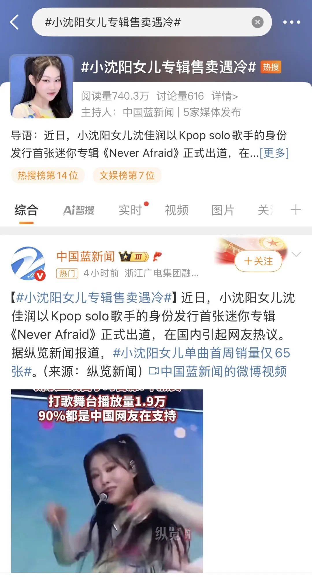 小沈阳女儿沈佳润出道后首张专辑售卖遇冷，单曲首周销量仅65张！